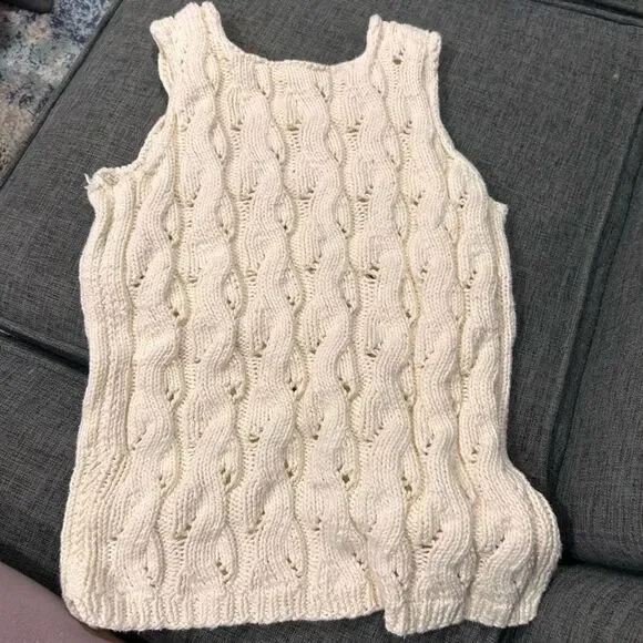 Hand Knit Cotton Sweater Vest White Cream - Picture 1 of 3